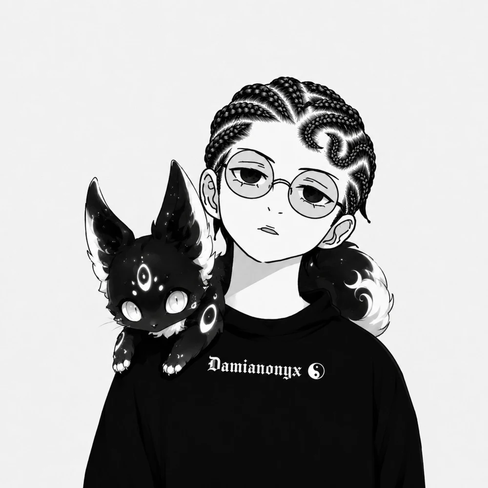 Damianonyx with glasses, braids and a creature on his shoulder.